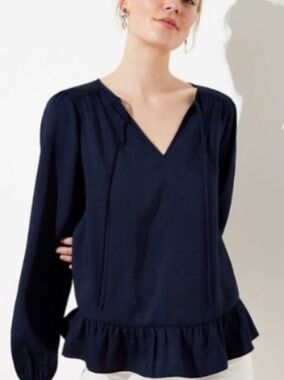 LOFT New Navy V-Neck Long Sleeve Peplum Satin Top Small